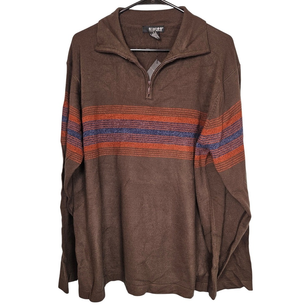 Slates by‎ Dockers Mens XL Brown Stripe Quarter Zip Long Sleeve Sweater Preppy